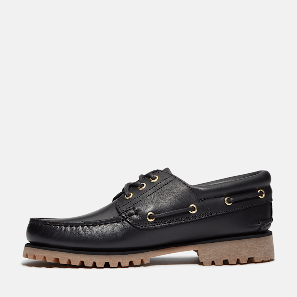 Men's Timberland® Authentic 3-Eye Lug Handsewn Boat Shoe / Black Full-Grain