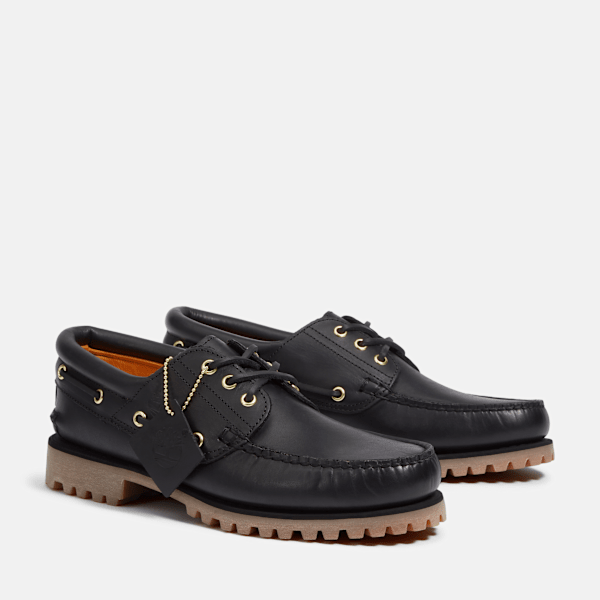Men's Timberland® Authentic 3-Eye Lug Handsewn Boat Shoe / Black Full-Grain