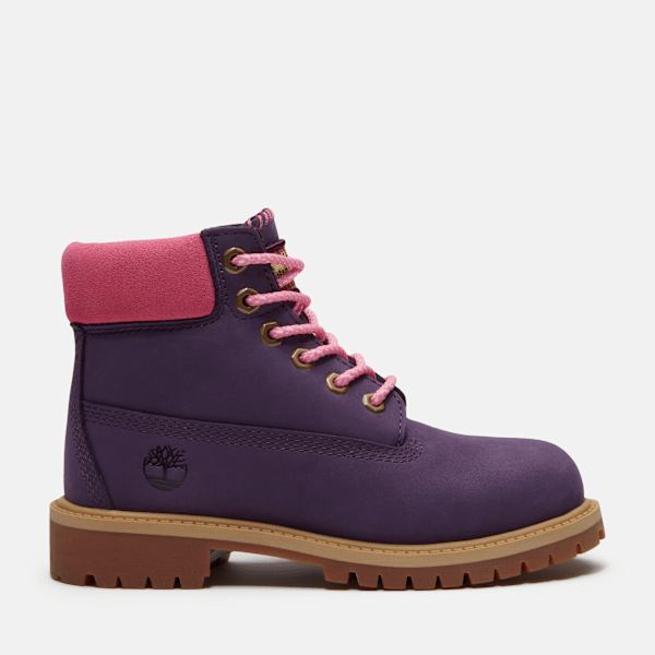 Youth Timberland® Premium 6-Inch Waterproof Boot / Dark Purple Nubuck/Pink