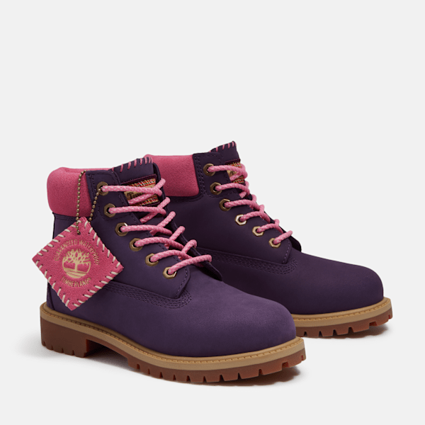 Youth Timberland® Premium 6-Inch Waterproof Boot / Dark Purple Nubuck/Pink