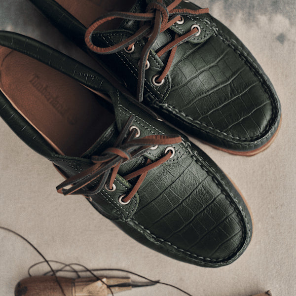 Women's Timberland® Authentic 3-Eye Boat Shoe / Dark Green Full-Grain Croco