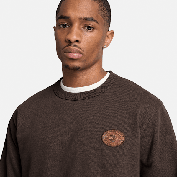 Men's Leather Patch Crew Sweatshirt / Dark Brown