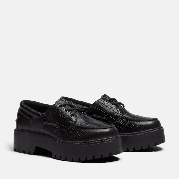 Women's Stone Street Platform Boat Shoe / Black Full-Grain Croc