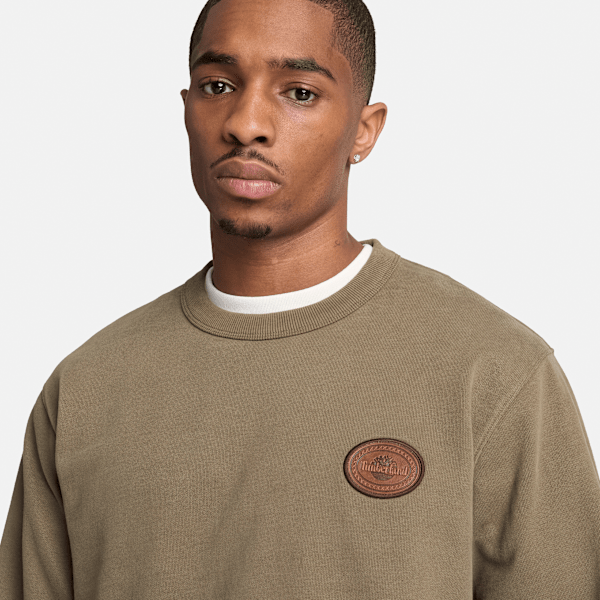 Men's Leather Patch Crew Sweatshirt / Dark Olive