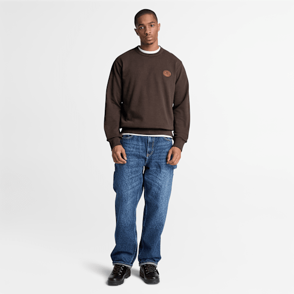 Men's Leather Patch Crew Sweatshirt / Dark Brown