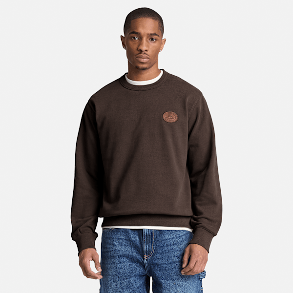 Men's Leather Patch Crew Sweatshirt / Dark Brown