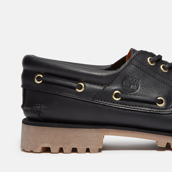 Men's Timberland® Authentic 3-Eye Lug Handsewn Boat Shoe / Black Full-Grain