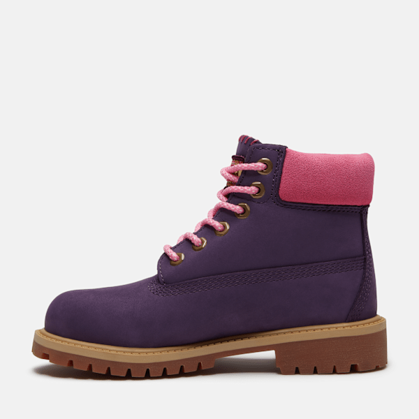 Youth Timberland® Premium 6-Inch Waterproof Boot / Dark Purple Nubuck/Pink
