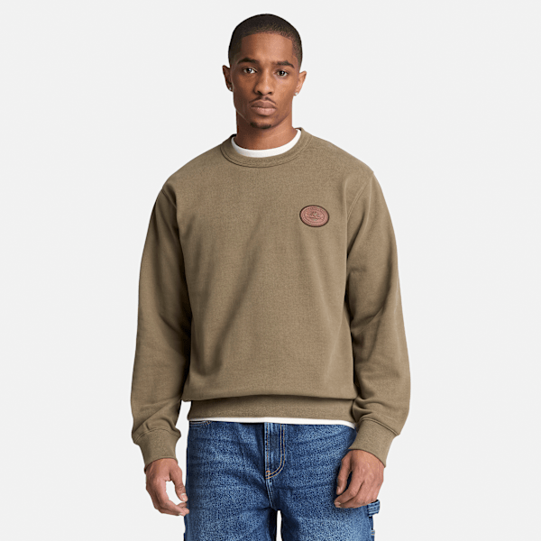 Men's Leather Patch Crew Sweatshirt / Dark Olive