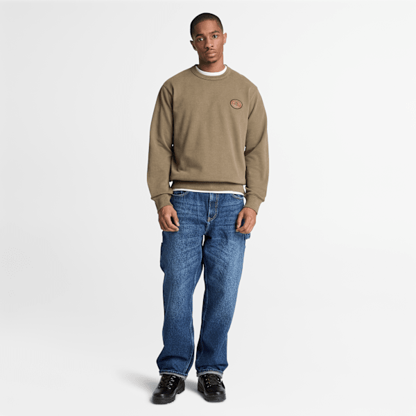 Men's Leather Patch Crew Sweatshirt / Dark Olive