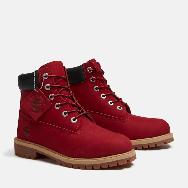 Junior Timberland® Premium 6-Inch Waterproof Boot / Red Nubuck/Black